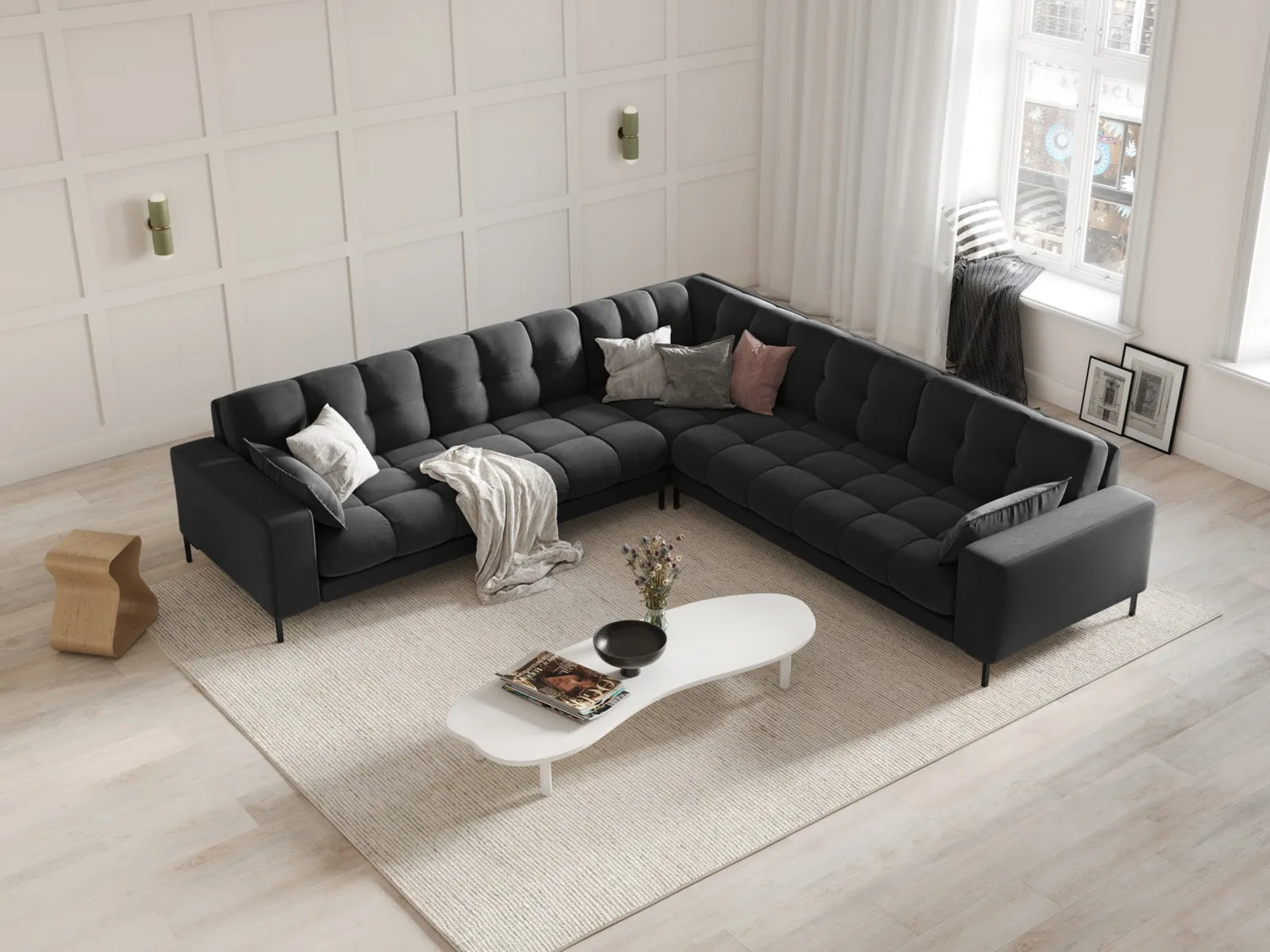 Mamaia 5-Sitzer Ecksofa symmetrisch, Metallbeine Schwarz, mit Bezug aus Samt (Blu18) in Dunkelgrau, 256x256 cm – Bild 2