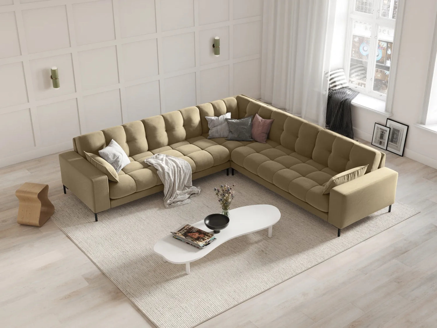 Mamaia 5-Sitzer Ecksofa symmetrisch, Metallbeine Schwarz, mit Bezug aus Samt (Blu28) in Beige, 256x256 cm – Bild 2