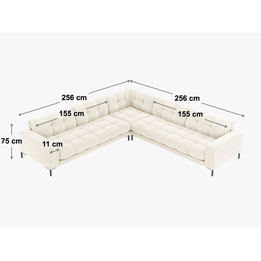 Mamaia 5-Sitzer Ecksofa symmetrisch, Metallbeine Schwarz, mit Bezug aus Samt oder Strukturstoff, 256x256 cm – Bild 2