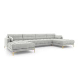 Mamaia 6-Sitzer Panorama-Sofa symmetrisch, Beine Goldmetall, mit Bezug aus Samt (Blu03) in Silber, 383x185 cm – Bild 1