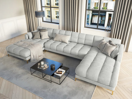 Mamaia 6-Sitzer Panorama-Sofa symmetrisch, Beine Goldmetall, mit Bezug aus Samt (Blu03) in Silber, 383x185 cm – Bild 2