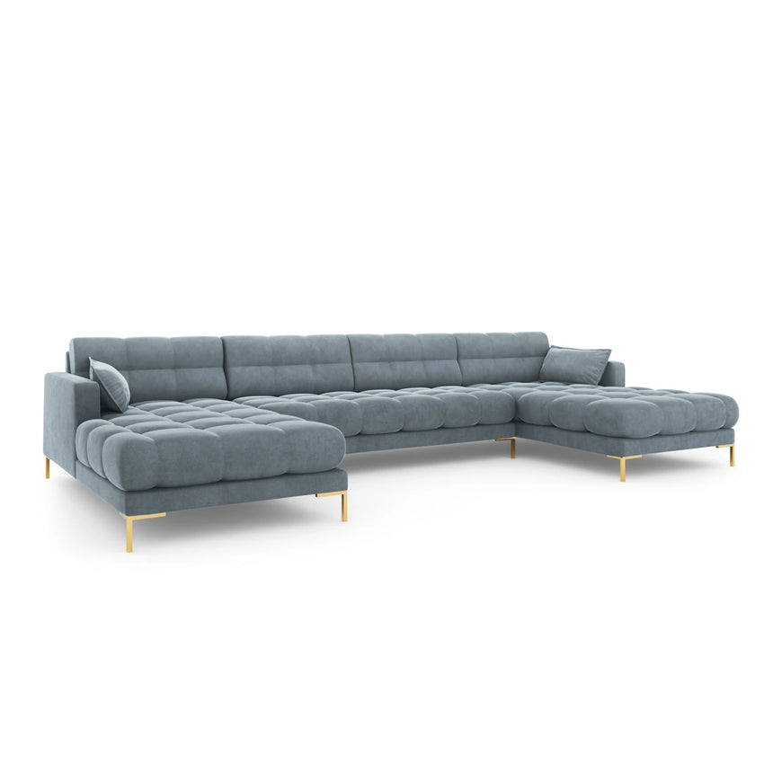 Mamaia 6-Sitzer Panorama-Sofa symmetrisch, Beine Goldmetall, mit Bezug aus Samt (Blu06) in Hellblau, 383x185 cm – Bild 1