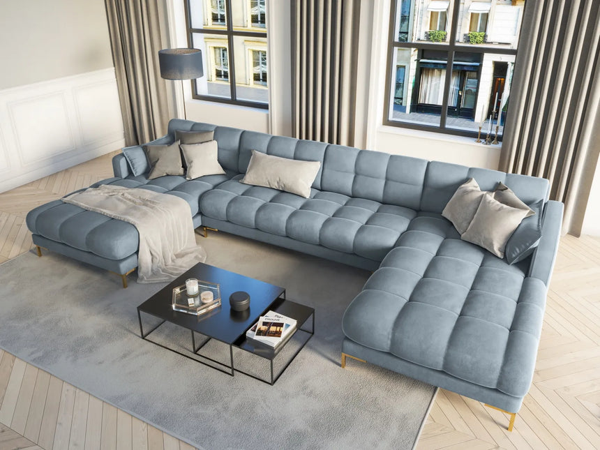 Mamaia 6-Sitzer Panorama-Sofa symmetrisch, Beine Goldmetall, mit Bezug aus Samt (Blu06) in Hellblau, 383x185 cm – Bild 2