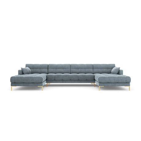 Mamaia 6-Sitzer Panorama-Sofa symmetrisch, Beine Goldmetall, mit Bezug aus Samt (Blu06) in Hellblau, 383x185 cm – Bild 4