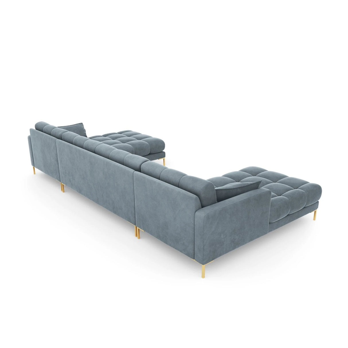 Mamaia 6-Sitzer Panorama-Sofa symmetrisch, Beine Goldmetall, mit Bezug aus Samt (Blu06) in Hellblau, 383x185 cm – Bild 6