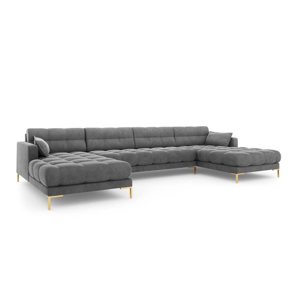 Mamaia 6-Sitzer Panorama-Sofa symmetrisch, Beine Goldmetall, mit Bezug aus Samt (Blu13) in Hellgrau, 383x185 cm – Bild 1