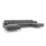 Mamaia 6-Sitzer Panorama-Sofa symmetrisch, Beine Goldmetall, mit Bezug aus Samt (Blu13) in Hellgrau, 383x185 cm – Bild 1