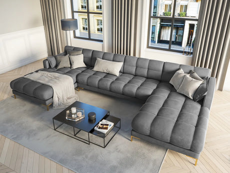 Mamaia 6-Sitzer Panorama-Sofa symmetrisch, Beine Goldmetall, mit Bezug aus Samt (Blu13) in Hellgrau, 383x185 cm – Bild 2