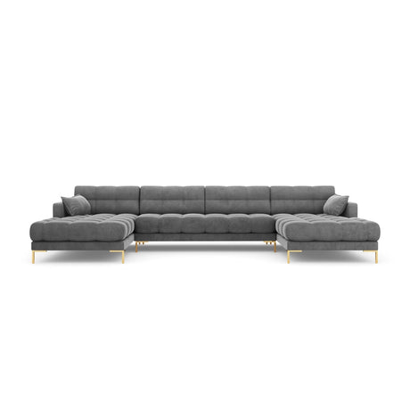 Mamaia 6-Sitzer Panorama-Sofa symmetrisch, Beine Goldmetall, mit Bezug aus Samt (Blu13) in Hellgrau, 383x185 cm – Bild 4