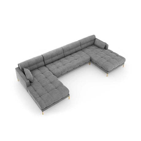 Mamaia 6-Sitzer Panorama-Sofa symmetrisch, Beine Goldmetall, mit Bezug aus Samt (Blu13) in Hellgrau, 383x185 cm – Bild 5