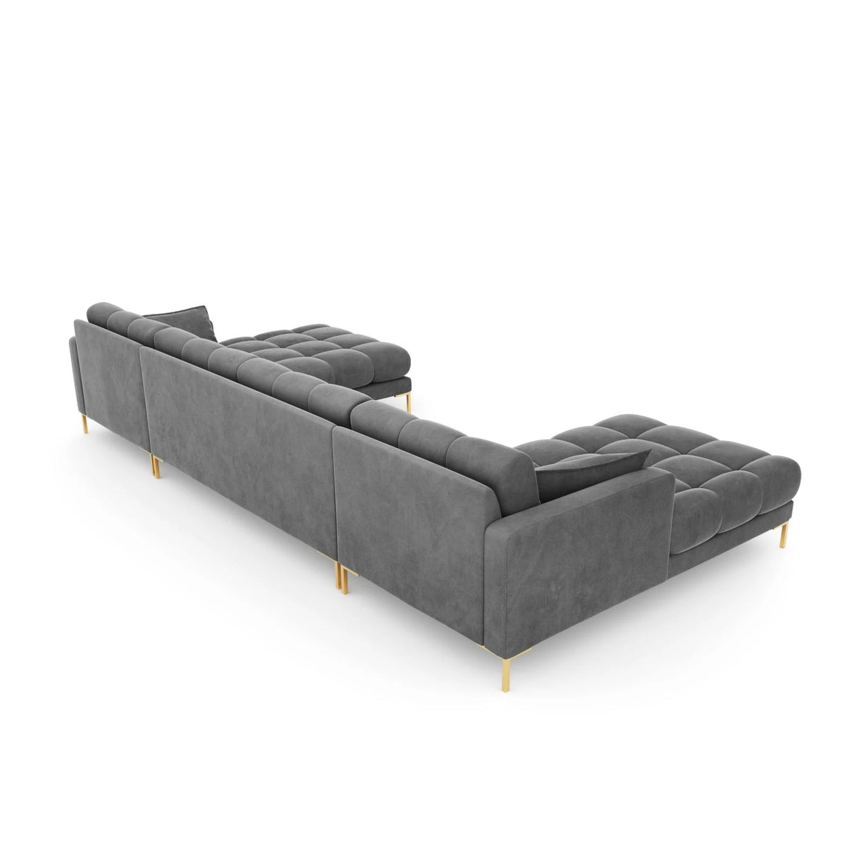 Mamaia 6-Sitzer Panorama-Sofa symmetrisch, Beine Goldmetall, mit Bezug aus Samt (Blu13) in Hellgrau, 383x185 cm – Bild 6