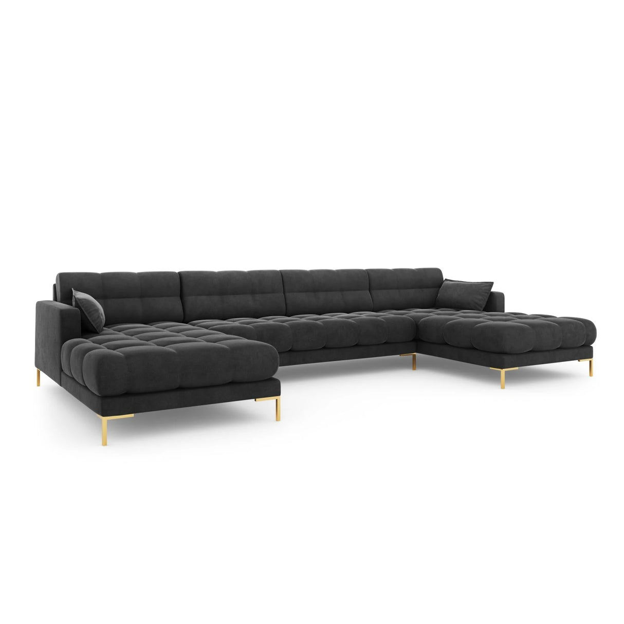 Mamaia 6-Sitzer Panorama-Sofa symmetrisch, Beine Goldmetall, mit Bezug aus Samt (Blu18) in Dunkelgrau, 383x185 cm – Bild 1