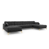 Mamaia 6-Sitzer Panorama-Sofa symmetrisch, Beine Goldmetall, mit Bezug aus Samt (Blu18) in Dunkelgrau, 383x185 cm – Bild 1