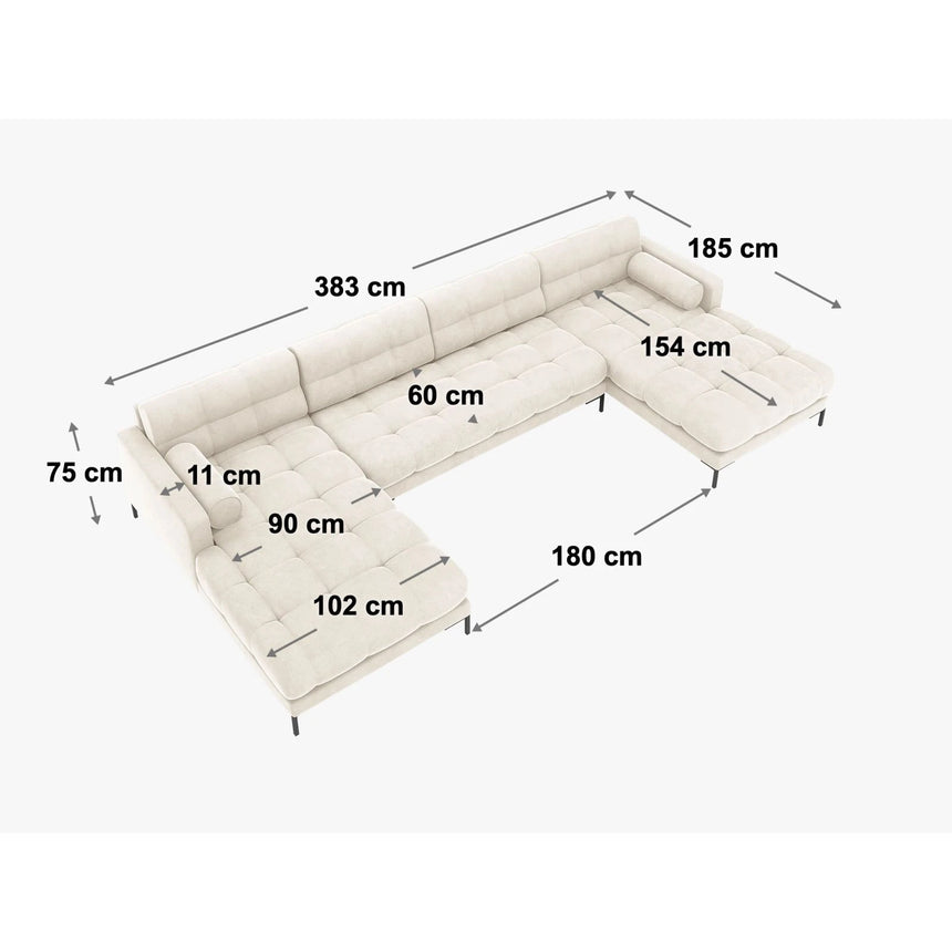 Mamaia 6-Sitzer Panorama-Sofa symmetrisch, Beine Goldmetall, mit Bezug aus Samt (Blu18) in Dunkelgrau, 383x185 cm – Bild 3