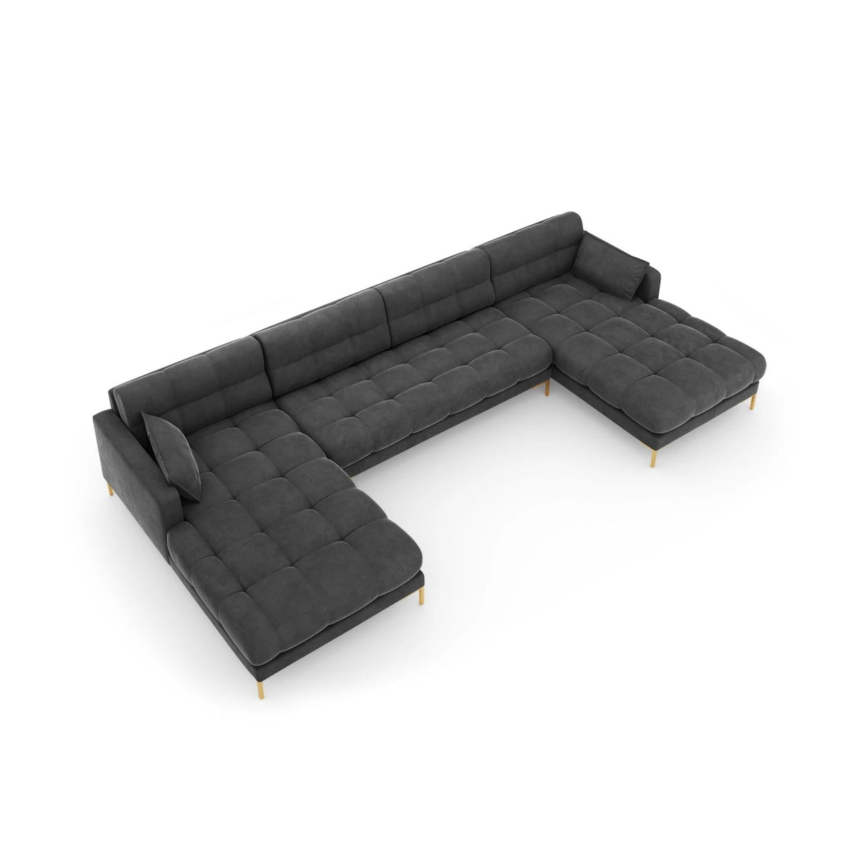 Mamaia 6-Sitzer Panorama-Sofa symmetrisch, Beine Goldmetall, mit Bezug aus Samt (Blu18) in Dunkelgrau, 383x185 cm – Bild 5