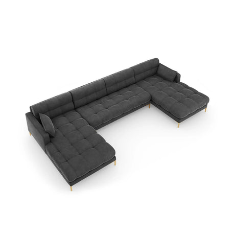 Mamaia 6-Sitzer Panorama-Sofa symmetrisch, Beine Goldmetall, mit Bezug aus Samt (Blu18) in Dunkelgrau, 383x185 cm – Bild 5