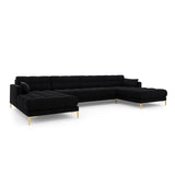 Mamaia 6-Sitzer Panorama-Sofa symmetrisch, Beine Goldmetall, mit Bezug aus Samt (Blu19) in Schwarz, 383x185 cm – Bild 1