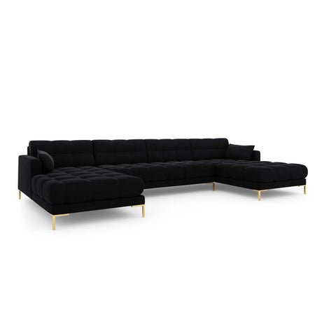 Mamaia 6-Sitzer Panorama-Sofa symmetrisch, Beine Goldmetall, mit Bezug aus Samt (Blu19) in Schwarz, 383x185 cm – Bild 1