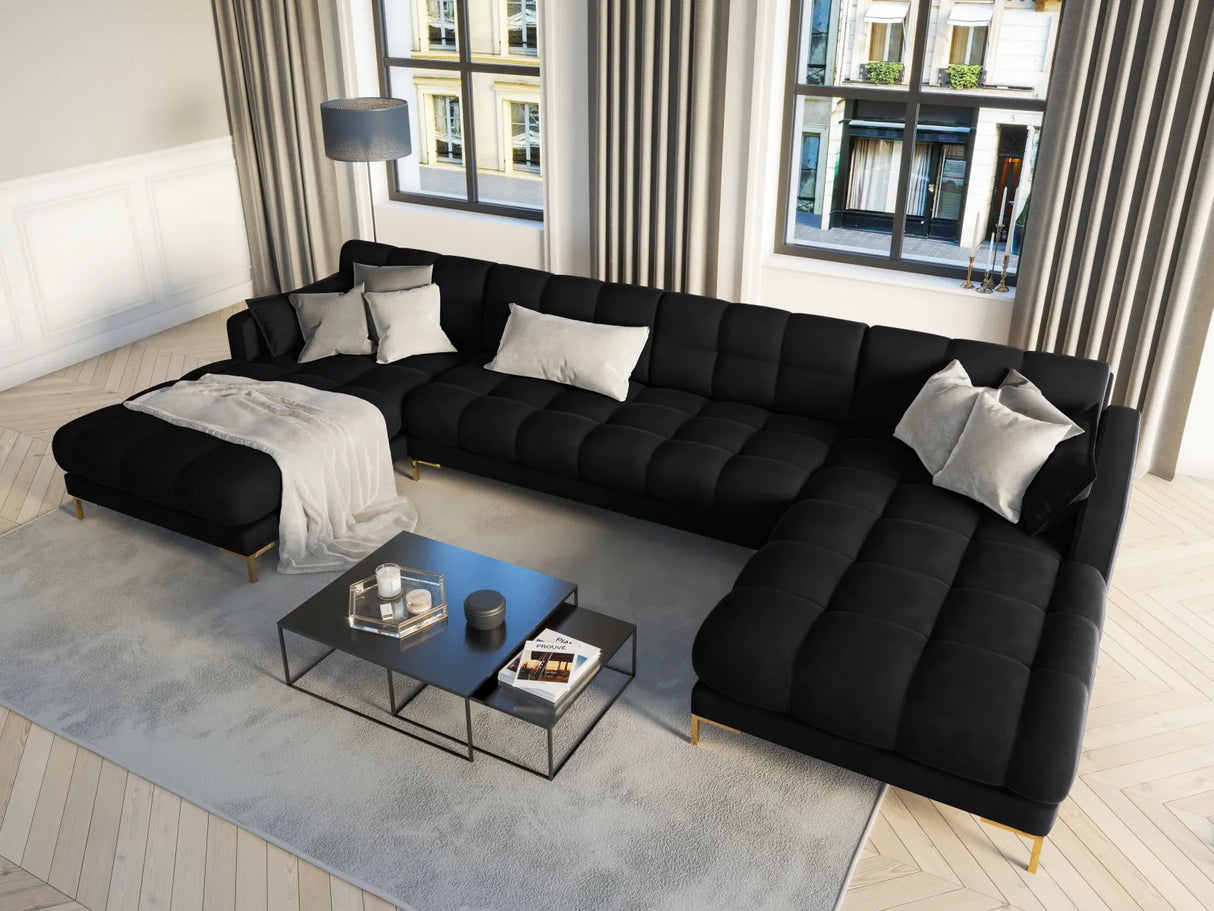Mamaia 6-Sitzer Panorama-Sofa symmetrisch, Beine Goldmetall, mit Bezug aus Samt (Blu19) in Schwarz, 383x185 cm – Bild 2