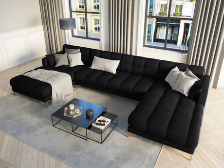 Mamaia 6-Sitzer Panorama-Sofa symmetrisch, Beine Goldmetall, mit Bezug aus Samt (Blu19) in Schwarz, 383x185 cm – Bild 2