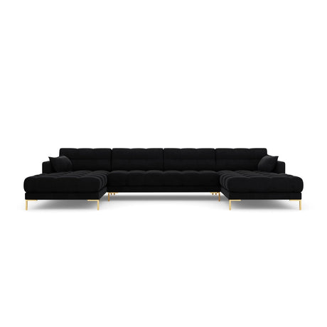 Mamaia 6-Sitzer Panorama-Sofa symmetrisch, Beine Goldmetall, mit Bezug aus Samt (Blu19) in Schwarz, 383x185 cm – Bild 4