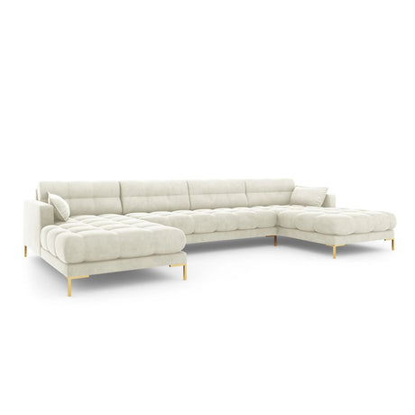 Mamaia 6-Sitzer Panorama-Sofa symmetrisch, Beine Goldmetall, mit Bezug aus Samt (Blu22) in Leichtes Beige, 383x185 cm – Bild 1