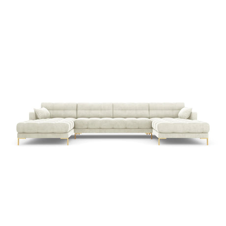 Mamaia 6-Sitzer Panorama-Sofa symmetrisch, Beine Goldmetall, mit Bezug aus Samt (Blu22) in Leichtes Beige, 383x185 cm – Bild 4
