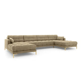 Mamaia 6-Sitzer Panorama-Sofa symmetrisch, Beine Goldmetall, mit Bezug aus Samt (Blu28) in Beige, 383x185 cm – Bild 1
