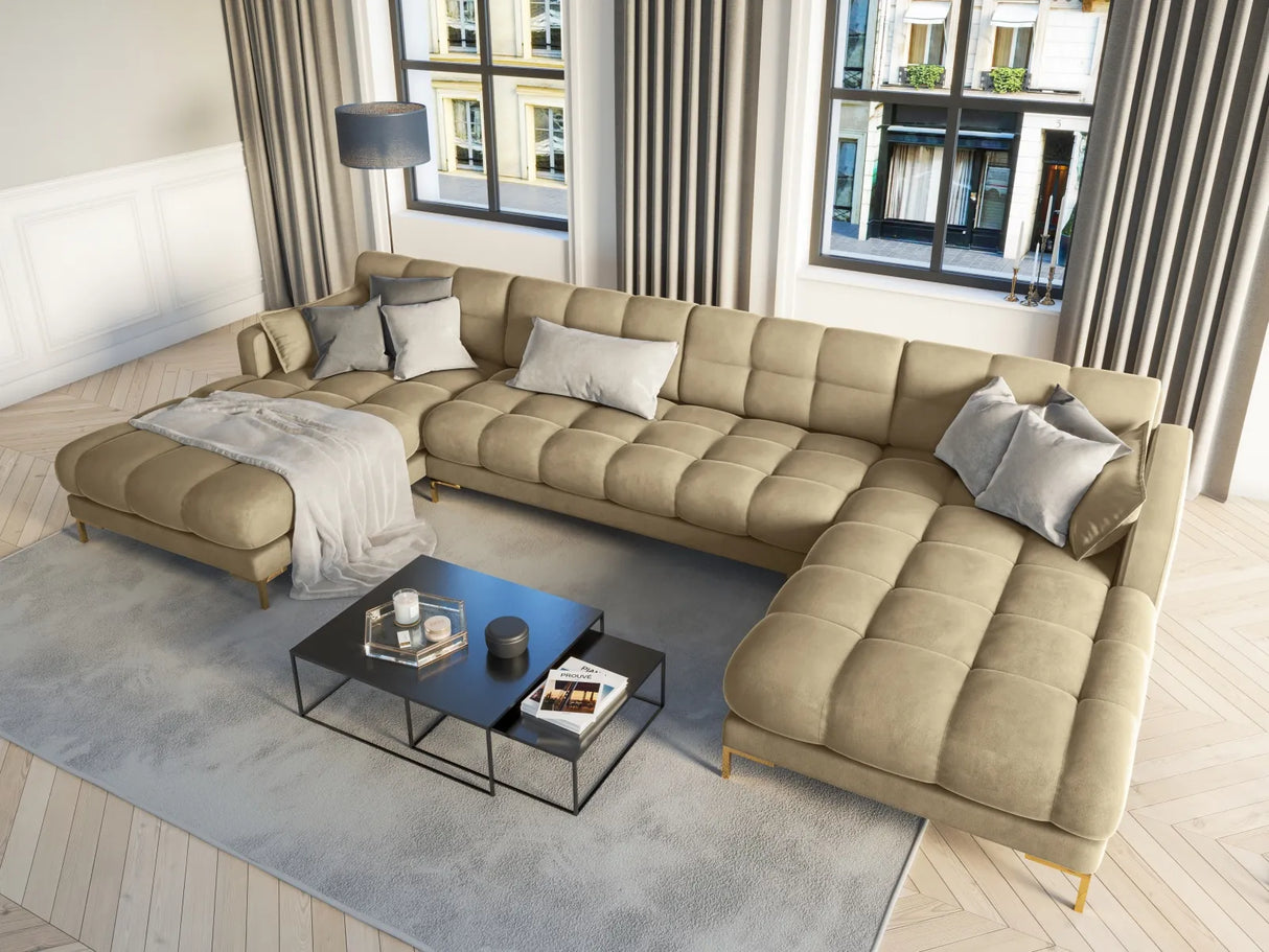 Mamaia 6-Sitzer Panorama-Sofa symmetrisch, Beine Goldmetall, mit Bezug aus Samt (Blu28) in Beige, 383x185 cm – Bild 2