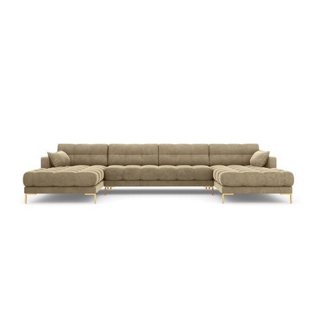 Mamaia 6-Sitzer Panorama-Sofa symmetrisch, Beine Goldmetall, mit Bezug aus Samt (Blu28) in Beige, 383x185 cm – Bild 4