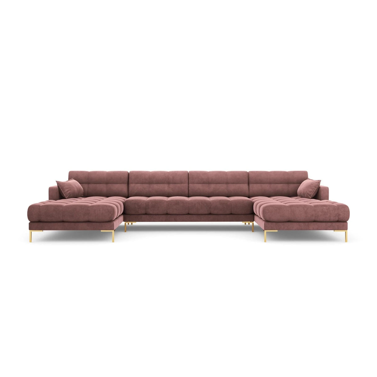 Mamaia 6-Sitzer Panorama-Sofa symmetrisch, Beine Goldmetall, mit Bezug aus Samt (Blu52) in Rosa, 383x185 cm – Bild 4