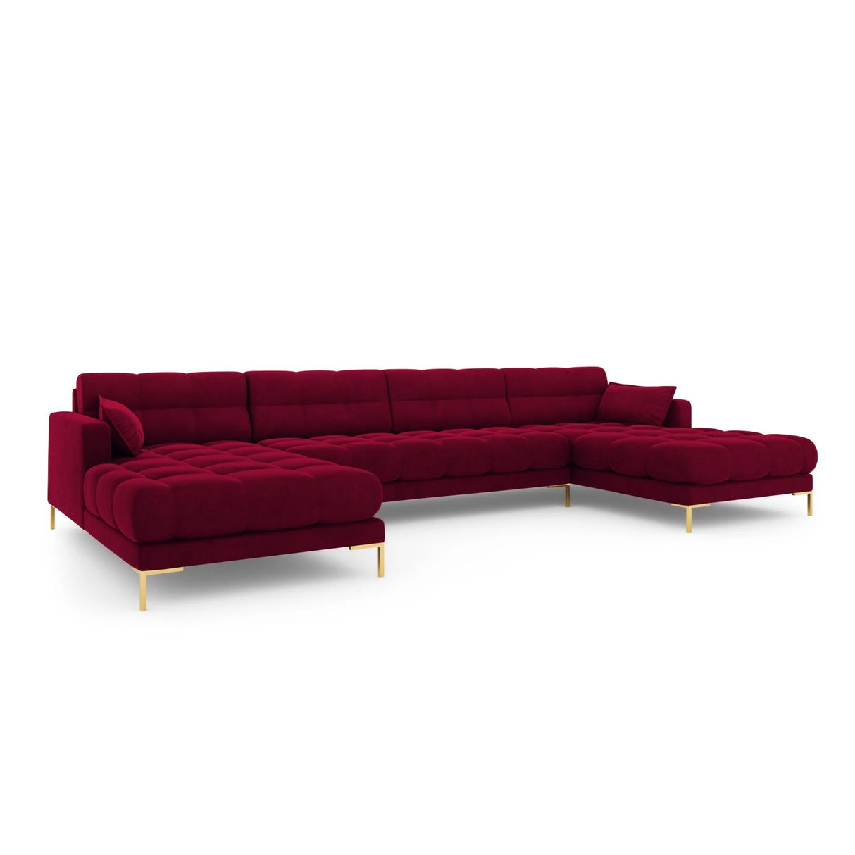 Mamaia 6-Sitzer Panorama-Sofa symmetrisch, Beine Goldmetall, mit Bezug aus Samt (Blu59) in Rot, 383x185 cm – Bild 1