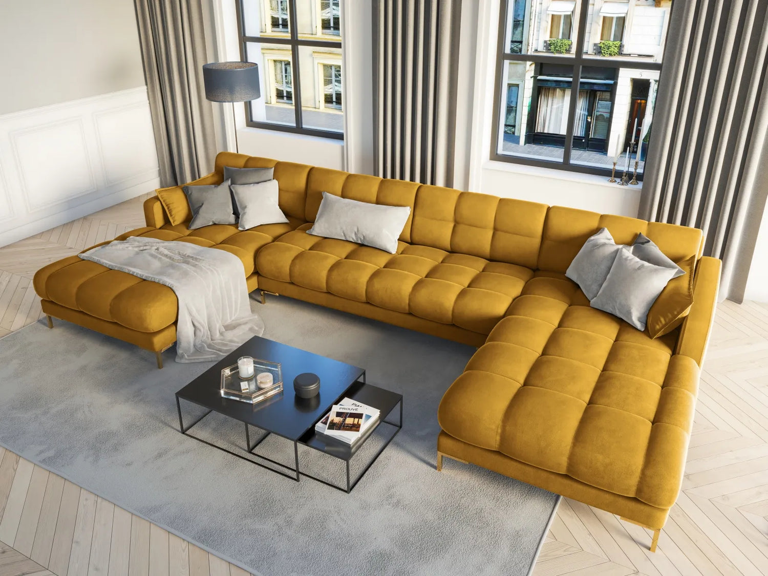 Mamaia 6-Sitzer Panorama-Sofa symmetrisch, Beine Goldmetall, mit Bezug aus Samt (Blu68) in Gelb, 383x185 cm – Bild 2