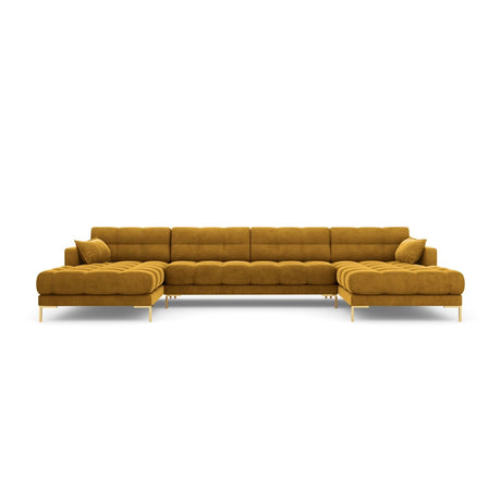 Mamaia 6-Sitzer Panorama-Sofa symmetrisch, Beine Goldmetall, mit Bezug aus Samt (Blu68) in Gelb, 383x185 cm – Bild 4