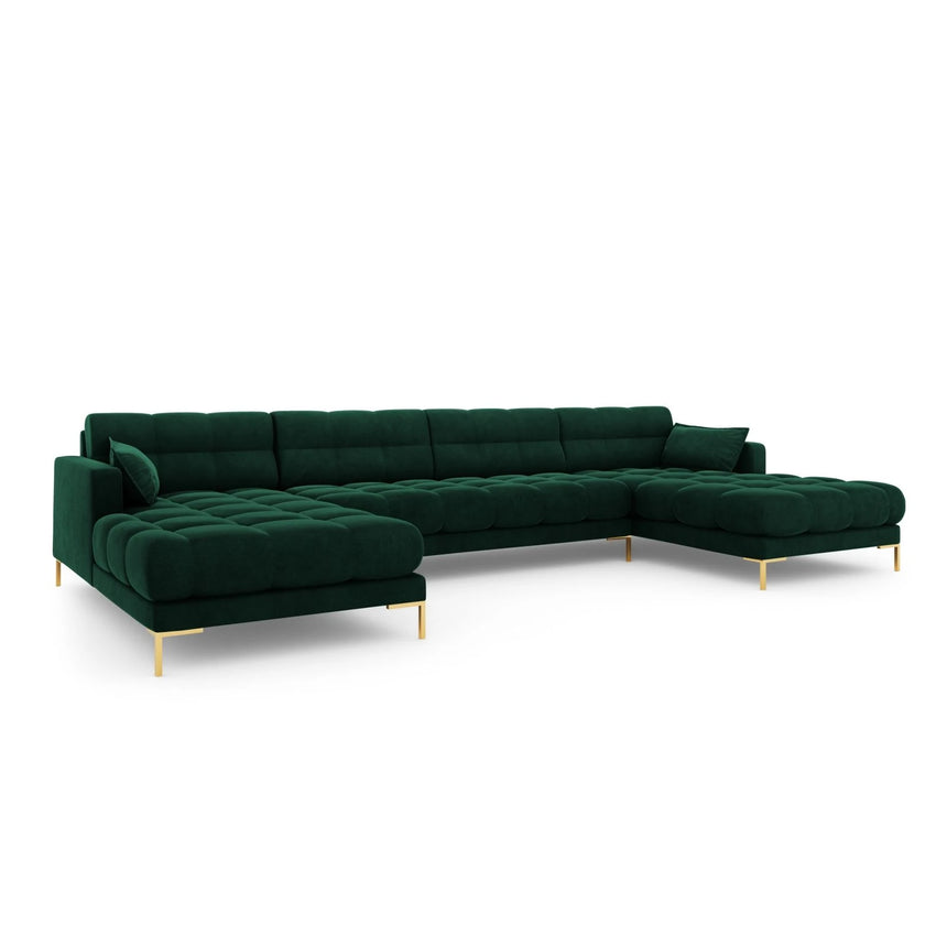 Mamaia 6-Sitzer Panorama-Sofa symmetrisch, Beine Goldmetall, mit Bezug aus Samt (Blu78) in Flaschengrün, 383x185 cm – Bild 1