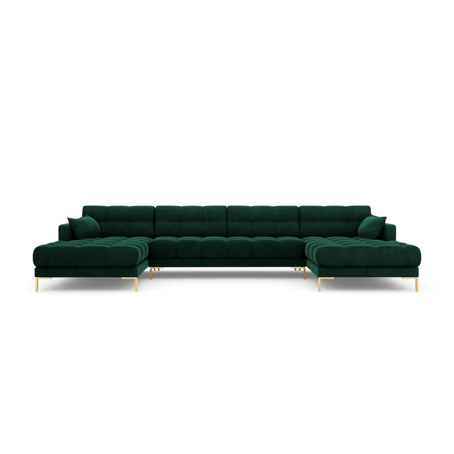 Mamaia 6-Sitzer Panorama-Sofa symmetrisch, Beine Goldmetall, mit Bezug aus Samt (Blu78) in Flaschengrün, 383x185 cm – Bild 4