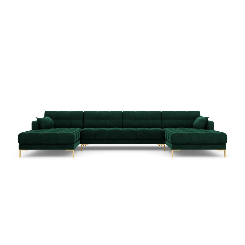 Mamaia 6-Sitzer Panorama-Sofa symmetrisch, Beine Goldmetall, mit Bezug aus Samt (Blu78) in Flaschengrün, 383x185 cm – Bild 4