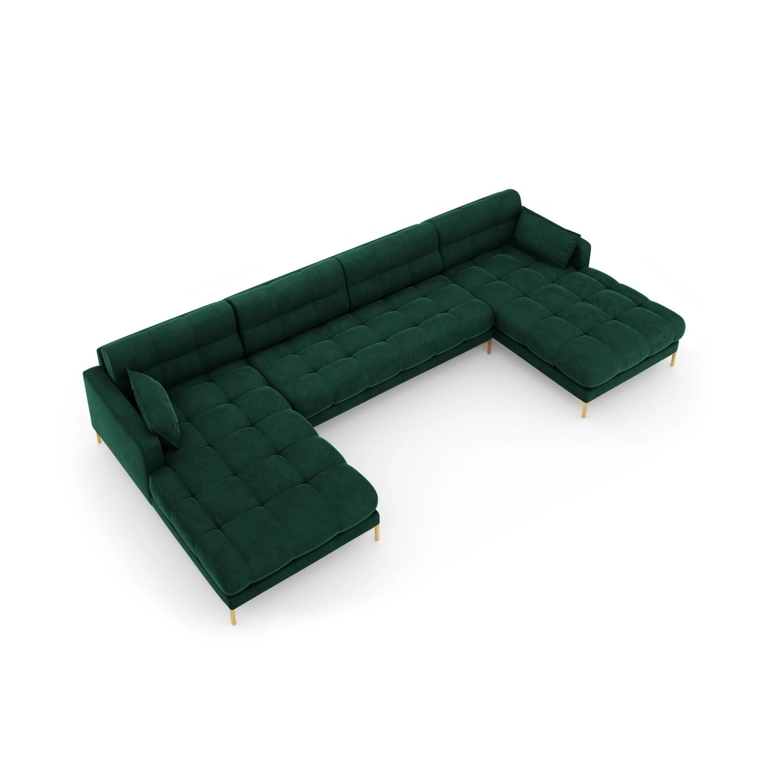 Mamaia 6-Sitzer Panorama-Sofa symmetrisch, Beine Goldmetall, mit Bezug aus Samt (Blu78) in Flaschengrün, 383x185 cm – Bild 5