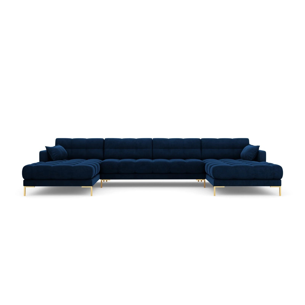Mamaia 6-Sitzer Panorama-Sofa symmetrisch, Beine Goldmetall, mit Bezug aus Samt (Blu86) in Königsblau, 383x185 cm – Bild 4