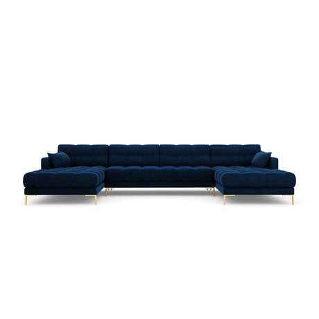 Mamaia 6-Sitzer Panorama-Sofa symmetrisch, Beine Goldmetall, mit Bezug aus Samt (Blu86) in Königsblau, 383x185 cm – Bild 4
