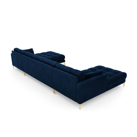 Mamaia 6-Sitzer Panorama-Sofa symmetrisch, Beine Goldmetall, mit Bezug aus Samt (Blu86) in Königsblau, 383x185 cm – Bild 6