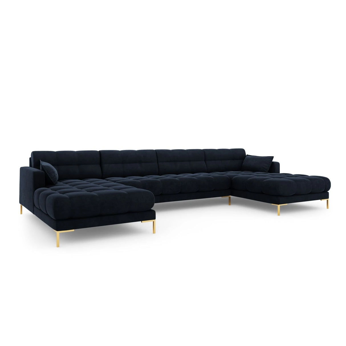 Mamaia 6-Sitzer Panorama-Sofa symmetrisch, Beine Goldmetall, mit Bezug aus Samt (Blu89) in Dunkelblau, 383x185 cm – Bild 1