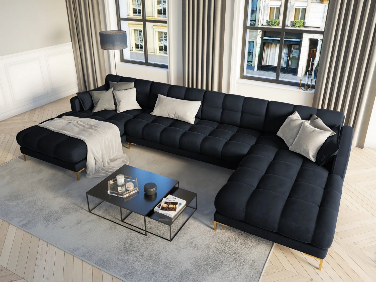 Mamaia 6-Sitzer Panorama-Sofa symmetrisch, Beine Goldmetall, mit Bezug aus Samt (Blu89) in Dunkelblau, 383x185 cm – Bild 2