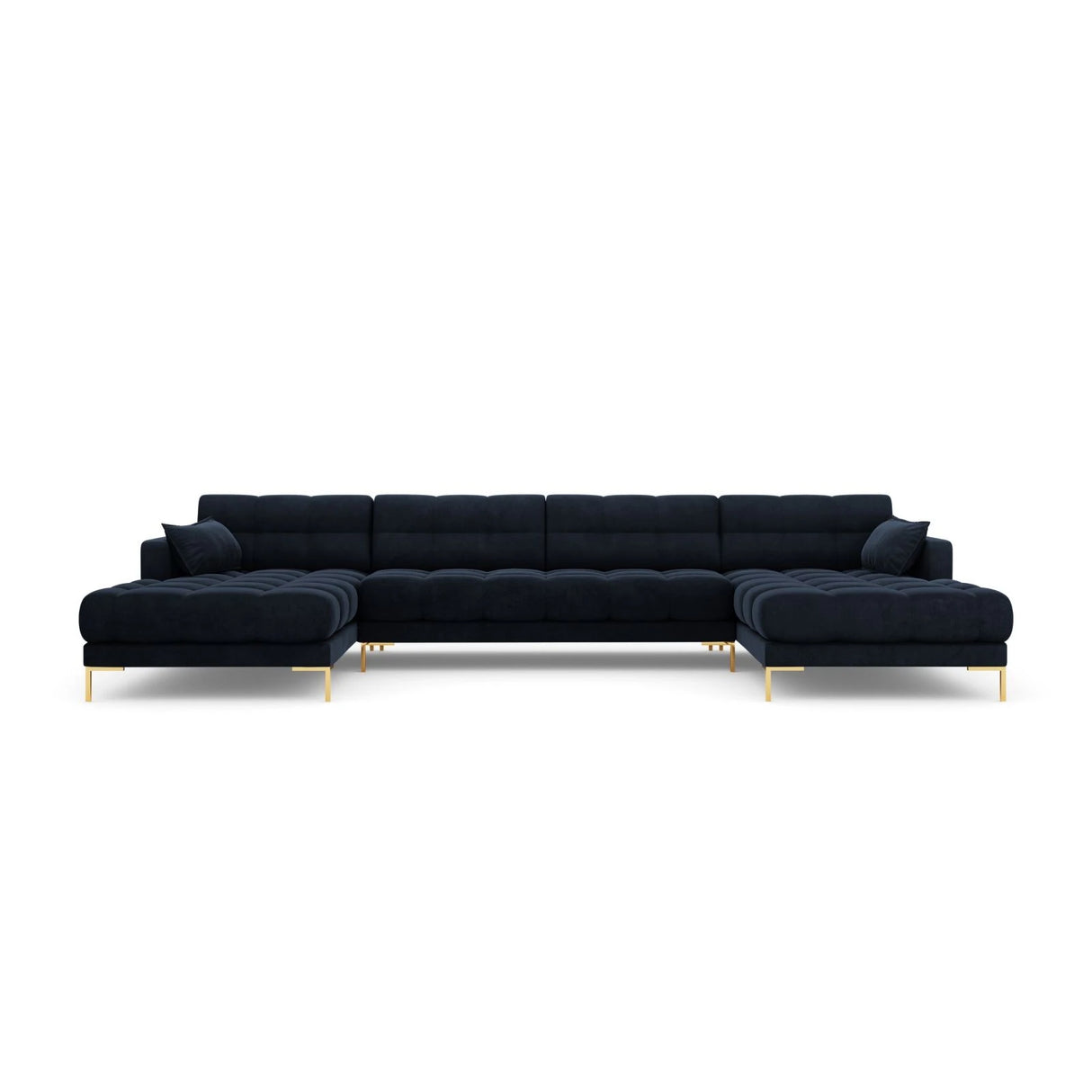 Mamaia 6-Sitzer Panorama-Sofa symmetrisch, Beine Goldmetall, mit Bezug aus Samt (Blu89) in Dunkelblau, 383x185 cm – Bild 4