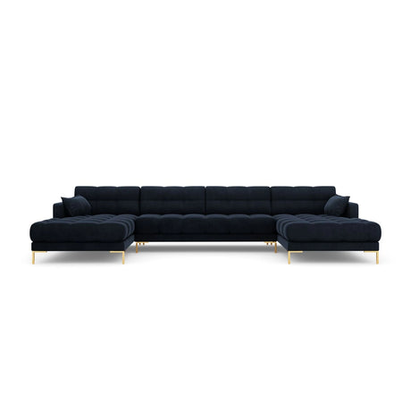Mamaia 6-Sitzer Panorama-Sofa symmetrisch, Beine Goldmetall, mit Bezug aus Samt (Blu89) in Dunkelblau, 383x185 cm – Bild 4