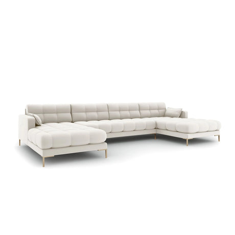 Mamaia 6-Sitzer Panorama-Sofa symmetrisch, Beine Goldmetall, mit Bezug aus Samt oder Strukturstoff, 383x185 cm – Bild 1