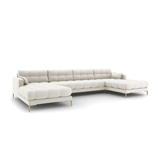 Mamaia 6-Sitzer Panorama-Sofa symmetrisch, Beine Goldmetall, mit Bezug aus Samt oder Strukturstoff, 383x185 cm – Bild 1