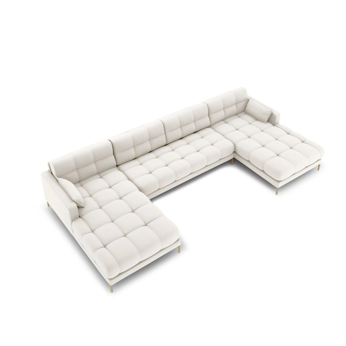 Mamaia 6-Sitzer Panorama-Sofa symmetrisch, Beine Goldmetall, mit Bezug aus Samt oder Strukturstoff, 383x185 cm – Bild 3