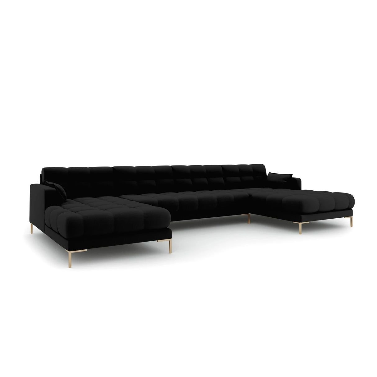 Mamaia 6-Sitzer Panorama-Sofa symmetrisch, Beine Goldmetall, mit Bezug aus Strukturierter Stoff (Nev100) in Schwarz, 383x185 cm – Bild 1