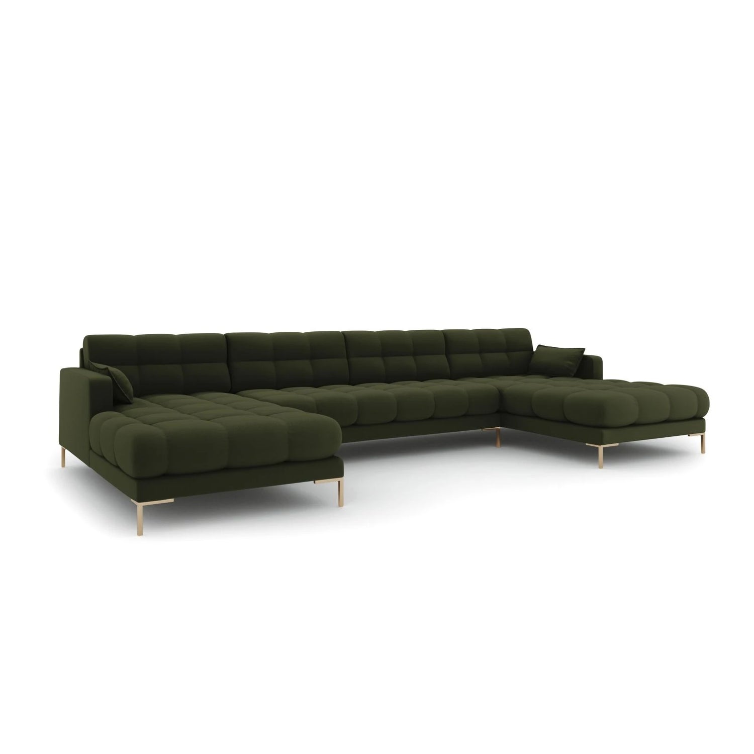Mamaia 6-Sitzer Panorama-Sofa symmetrisch, Beine Goldmetall, mit Bezug aus Strukturierter Stoff (Nev39) in Grün, 383x185 cm – Bild 1